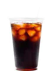Iced cola in plastic cup isolated on transparent background, ideal for soft drink branding, summer designs, and refreshment ads.