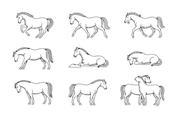 Horse Outline  Line Art Sketches Set of Various Poses vector art Illustration.