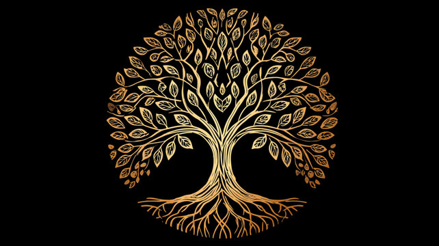Golden ornamental tree of life with intricate roots and lush branches forming a circular emblem on a black background, spiritual symbol of growth