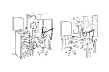 Podcast and Audio Recording Studio engraving vintage Line art vector Illustration, podcast studio  outline drawing.