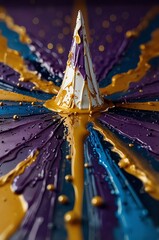 An abstract artistic creation with colorful paint drips forming a cone shape on a canvas