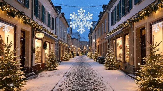 A charming european street decorated for christmas, covered in snow with festive lights and trees lining the cobblestone path