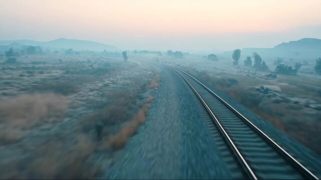 Train tracks winding through foggy landscape at sunrise  