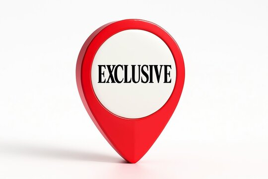 Red location pin marker with the word exclusive written in bold black text on a white background symbolizing special access or limited availability