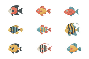 Obraz premium Fish Vector Illustration Set, Colorful Tropical Fish pattern icon design, fish clip art set