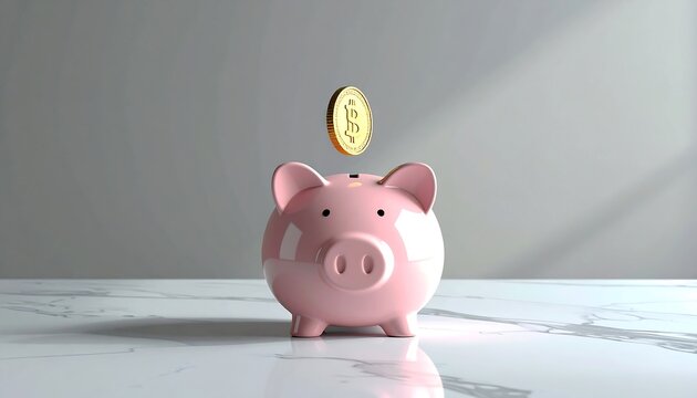 A pink ceramic container shaped like a pig, marble surface, a digital gold coin hovers over the slot, symbolizing investment and saving - Powered by Adobe