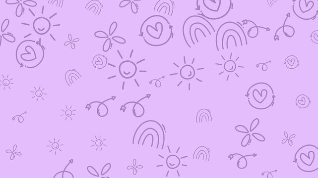 Playful hand-drawn pattern in pastel purple tones featuring suns, hearts, and rainbows. Ideal for nursery decor, packaging, and cute design projects.