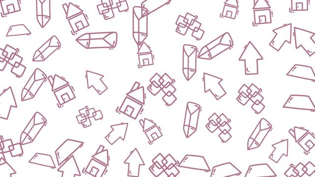 Abstract architectural sketches and geometric shapes scattered on white background, creative design, illustration, top view, artistic concept