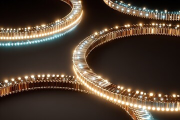 Fototapeta premium Bright, glowing rings made of metallic tubes and lights arranged in a circular pattern on a dark background