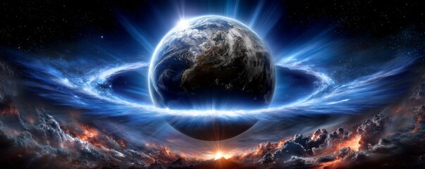 Obraz premium Earth Surrounded by Luminous Blue Ozone Ring in a Cosmic Expanse of Stars and Clouds