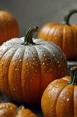 Close-up of fresh pumpkins with water droplets on a rustic surface in an autumn setting
