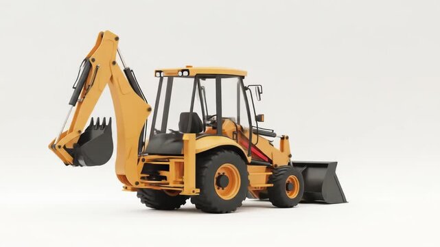 A yellow backhoe loader sits on a plain white background, its front loader and rear excavator arm raised