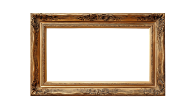 Wooden empty rectangular picture frame isolated on white background or transparent png, classic natural wood frame for photos or artwork.