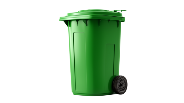 Green garbage bin isolated on white background or transparent png, durable waste container for home, office, or public area disposal.