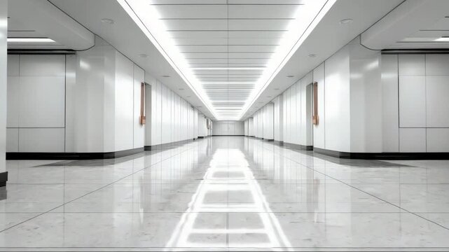 Modern hallway with bright lights and polished marble floor  