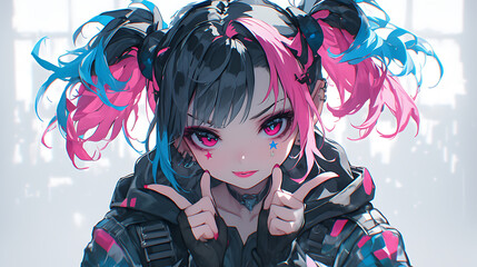 Girl in zipper jacket and two finger pose ready for photo, Anime style
