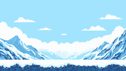 Pixel art snowy mountain game level. Winter glacier landscape. Arcade game background, retro 8-bit style environment. © marruu