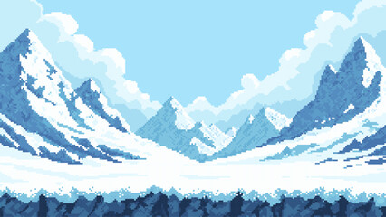 Pixel art game level vector of a frozen mountain landscape with snow-capped peaks and cloudy sky, for video game background or winter nature scene design.
