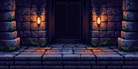 Dungeon pixel art game level vector with illuminated stone walls and floor. Gaming background for retro arcade platformer or adventure quest.