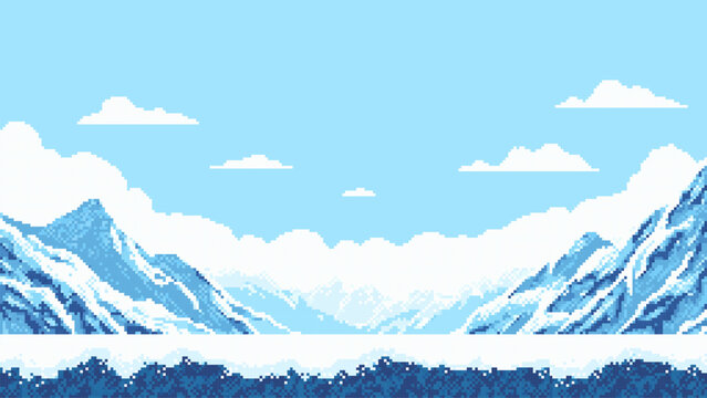 Pixel art snowy mountain game level. Winter glacier landscape. Arcade game background, retro 8-bit style environment.
