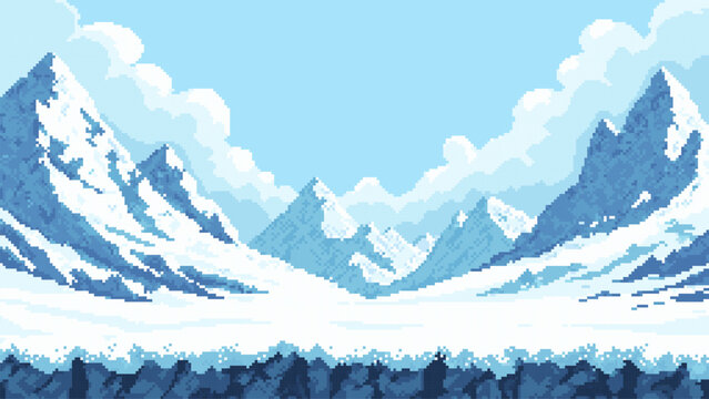 Pixel art game level vector of a frozen mountain landscape with snow-capped peaks and cloudy sky, for video game background or winter nature scene design.