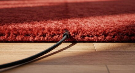 Close up of a red rug and electrical cable on wooden floor