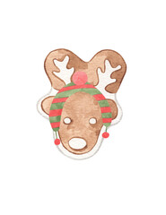 Hand drawn watercolor christmas cookies ginger deer with antlers and wearing ugly christmas striped hat