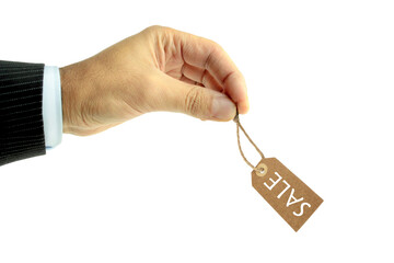 The man is holding a label that says "Sale".