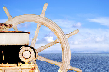 Ship rudder,  blue sky and sea .