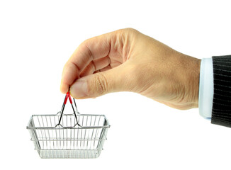 The man is holding a mini shopping basket in his hand.