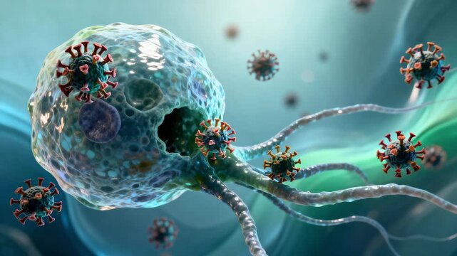 Immune system: 3D macrophage and viral particles in an abstract medium