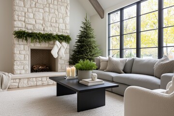 Fototapeta premium Contemporary holiday living room featuring a cozy gray sofa, elegant stone fireplace, and festive decorations, creating a warm and inviting atmosphere for seasonal gatherings