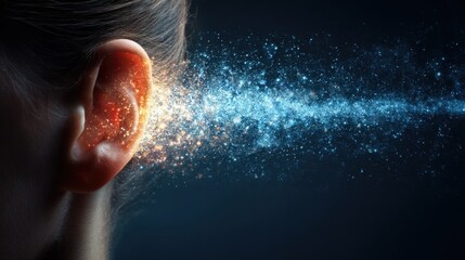 In this striking visual shimmering waves of color emanate from a persons ear illustrating the journey of sound waves in a captivating and imaginative way. The background enhances the magical feel.