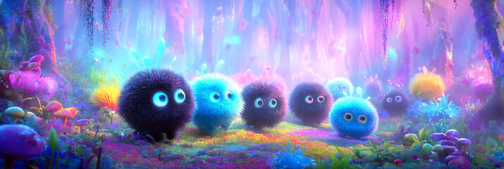 A group of fluffy fantasy monsters with bright pink, yellow, and white fur stand together amidst a colorful, glowing backdrop of stars and enchanting greenery, creating a magical atmosphere, banner