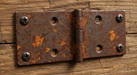Close up of a rusty hinge on aged wooden surface