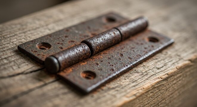 Close up of a rusty hinge on weathered wooden surface with blurred background