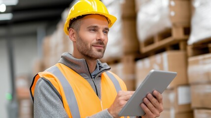 Warehouse Worker Using Tablet for Inventory Management