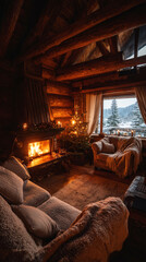 Inside a charming wooden cabin, a crackling fireplace warms the room. Colorful garlands and stockings adorn the mantel, while a beautifully decorated Christmas tree adds festive cheer