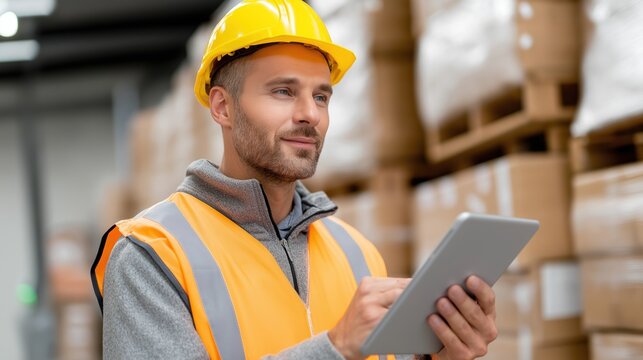 Warehouse Worker Using Tablet for Inventory Management - Powered by Adobe