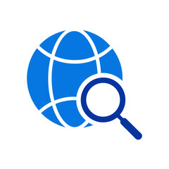 Blue globe with magnifying glass search icon view on transparent background