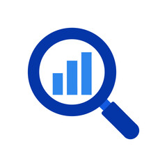 Magnifying glass examining a bar graph in blue hue on transparent background