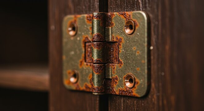 Close up of a rusty metal hinge on a wooden cabinet