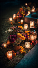 Colorful altars filled with marigolds and candles are seen during a vibrant Dia de los Muertos celebration. The atmosphere is festive, with people enjoying the festivities at night