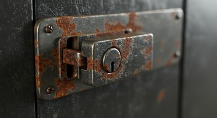 Close up of a rusty metal lock with keyhole old security detail