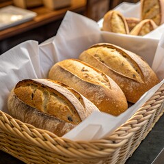 Freshly Baked Artisan Bread in Rustic Basket Display
