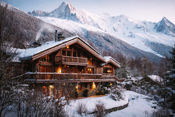 The winter vacation chalet features a warm interior with blankets and drinks, showcasing breathtaking mountain views enveloped in a serene snow-covered landscape