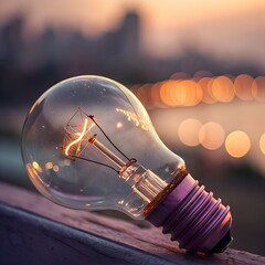 Vintage Light Bulb Glow Against Cityscape Sunset