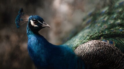 Fototapeta premium Close up portrait of a majestic peacock with vibrant iridescent blue and green plumage and a proud crest