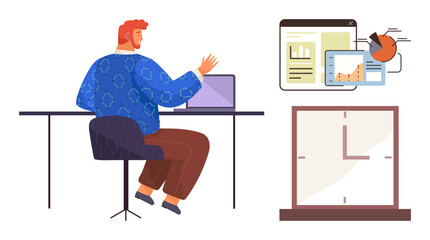 Man using laptop at desk, analyzing graphs and data charts. Wall clock emphasizes time management. Ideal for productivity, office tasks, analytics, time tracking, strategy, planning simple flat