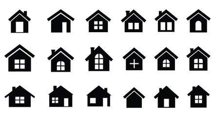 Collection of simple black house icons with varying roof designs